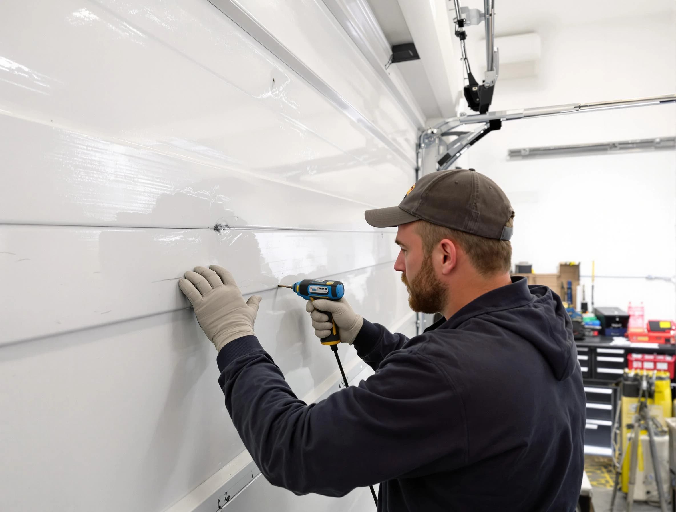 Walpole Garage Door Repair technician demonstrating precision dent removal techniques on a Walpole garage door